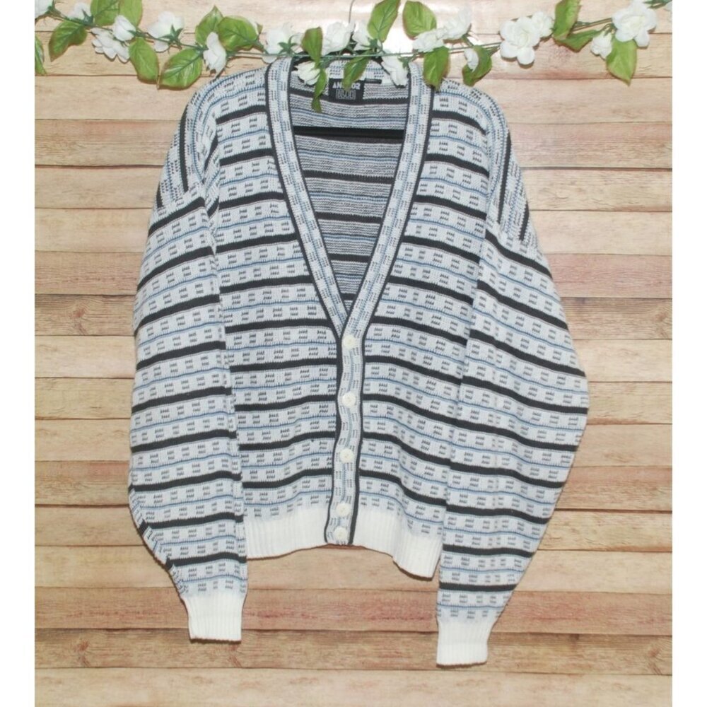 Vintage Anchor Blue Men's Button Front Cardigan Sweater L Black White Dad Grandp